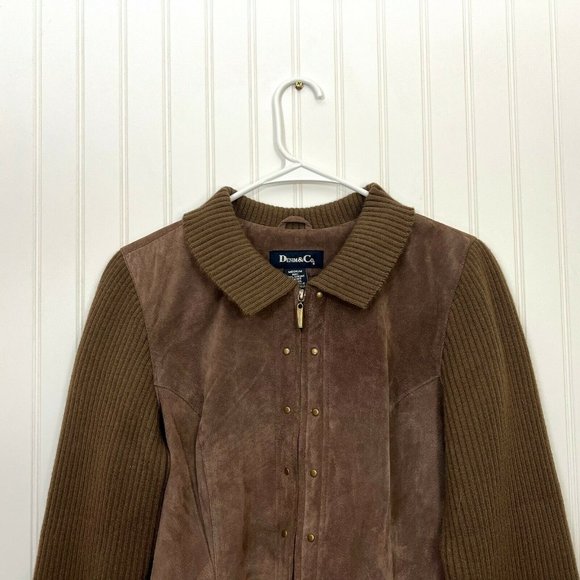Denim & Co Suede Knit Sleeve Jacket Collared Fully Lined Zip Front Brown M. - Picture 2 of 6